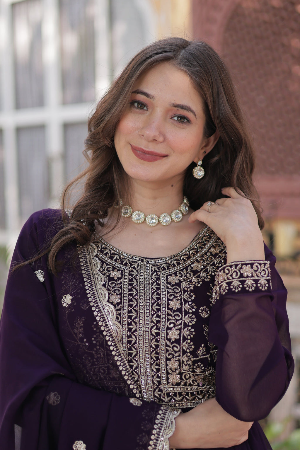 Anika Pearl Embroidered Flair Wine Anarkali Gown Set