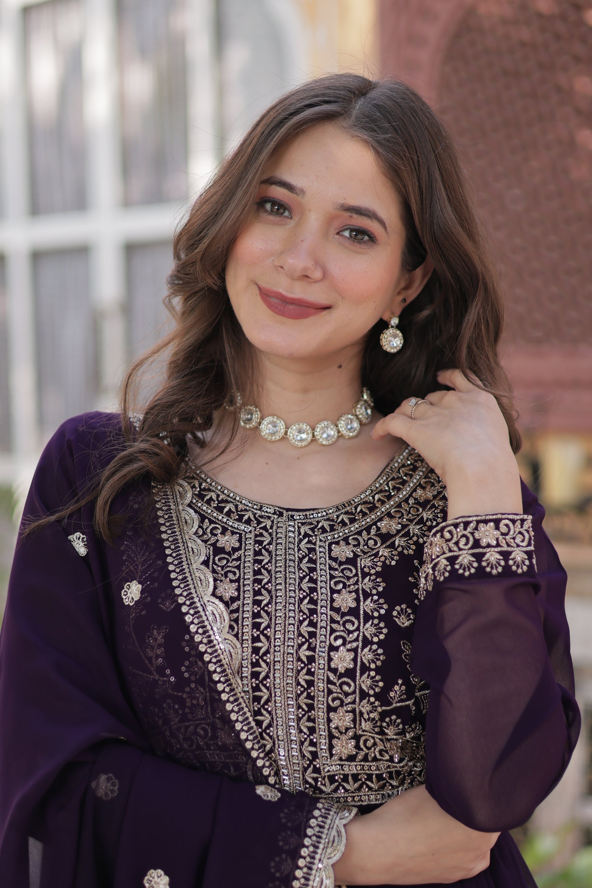 Anika Pearl Embroidered Flair Wine Anarkali Gown Set