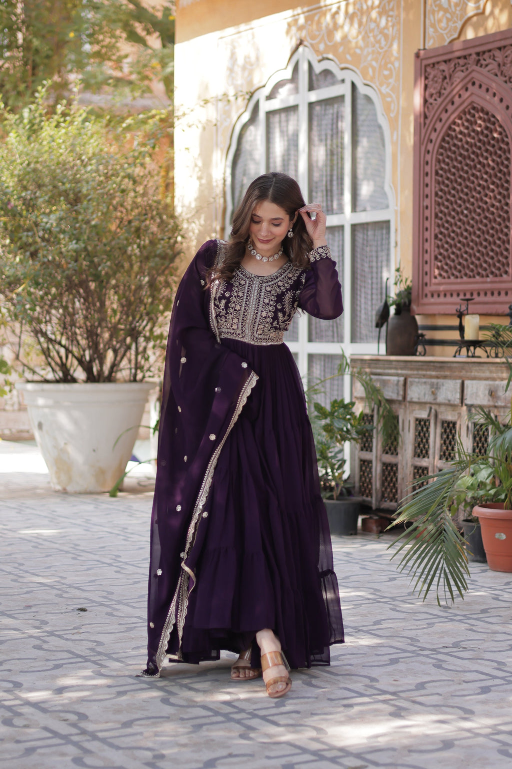 Anika Pearl Embroidered Flair Wine Anarkali Gown Set