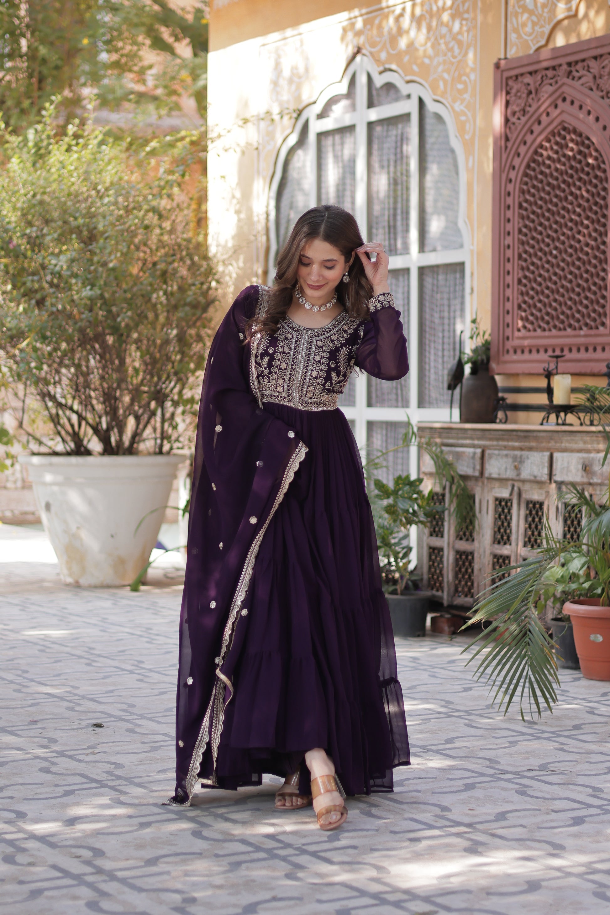 Anika Pearl Embroidered Flair Wine Anarkali Gown Set