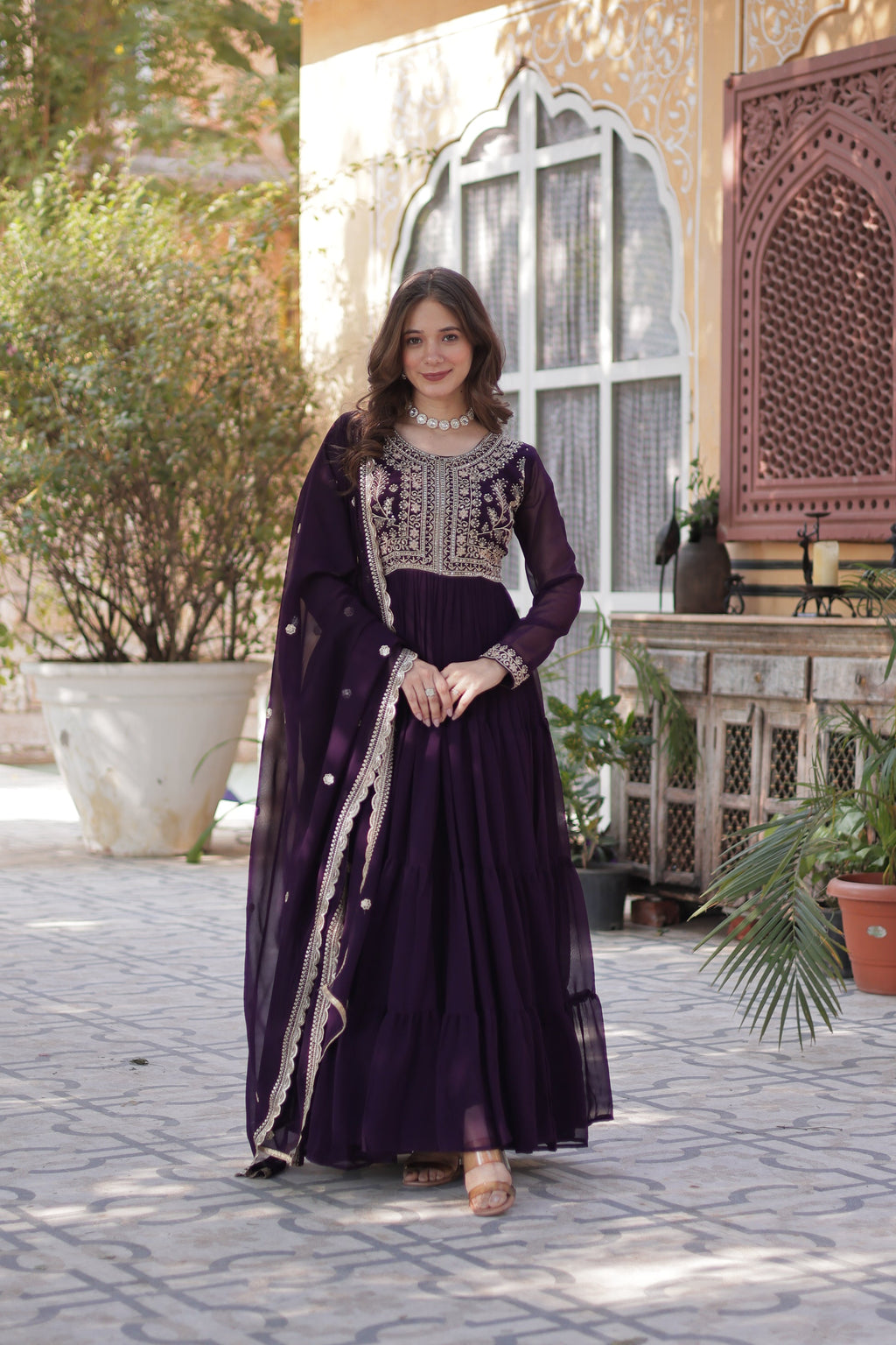 Anika Pearl Embroidered Flair Wine Anarkali Gown Set