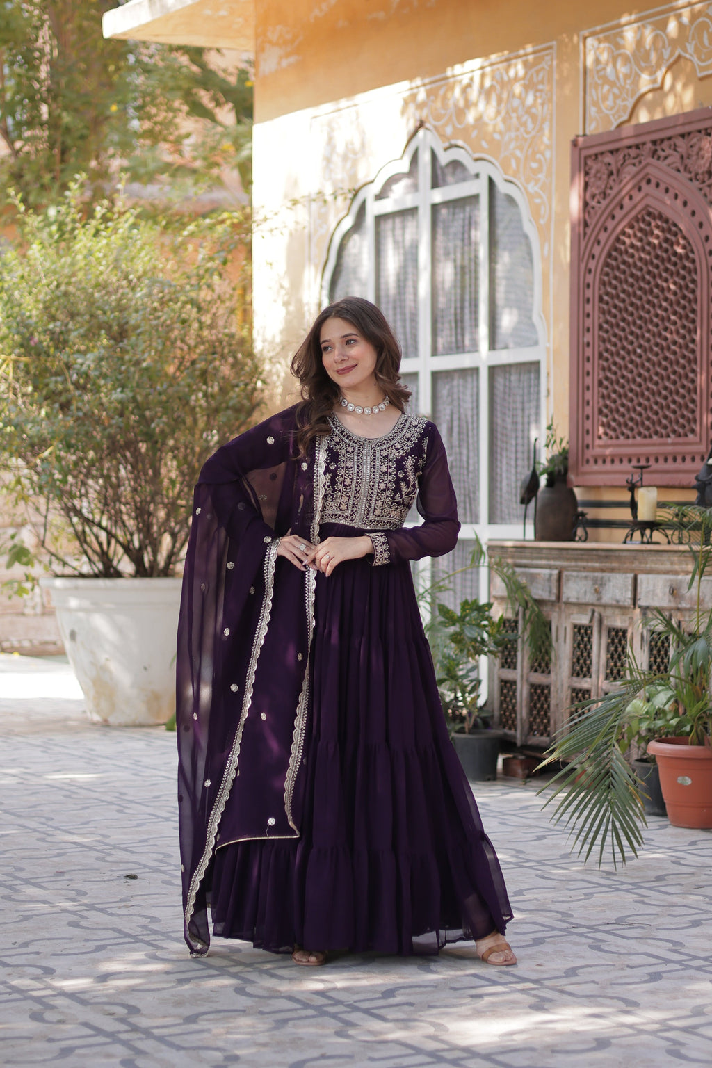 Anika Pearl Embroidered Flair Wine Anarkali Gown Set