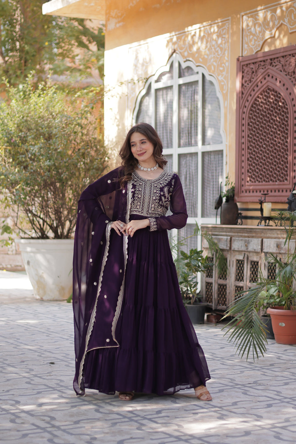 Anika Pearl Embroidered Flair Wine Anarkali Gown Set