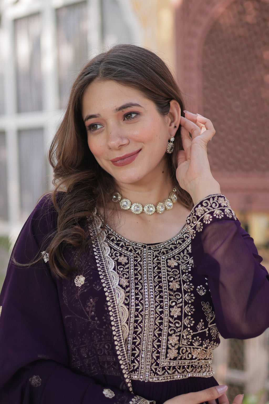 Anika Pearl Embroidered Flair Wine Anarkali Gown Set