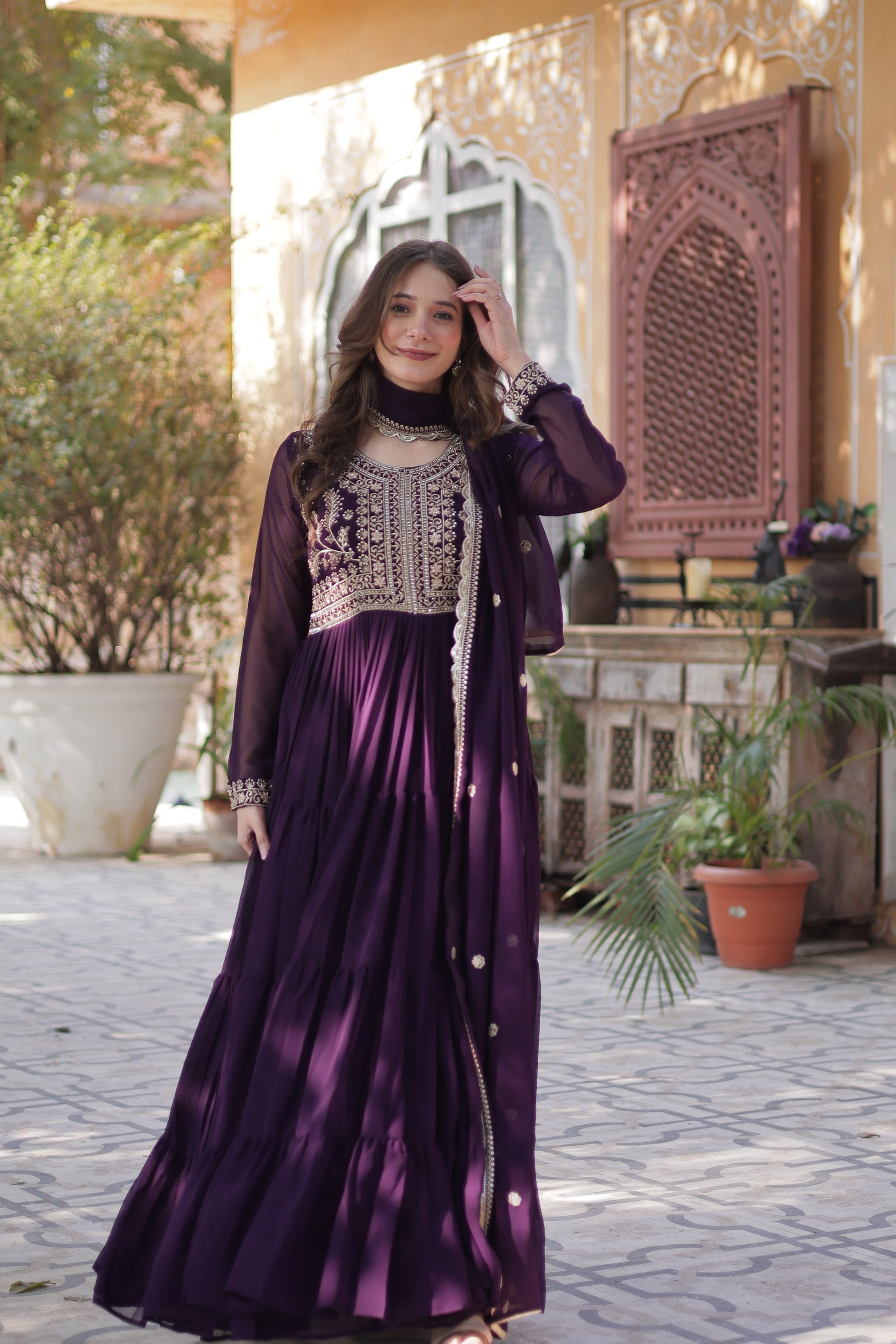 Anika Pearl Embroidered Flair Wine Anarkali Gown Set