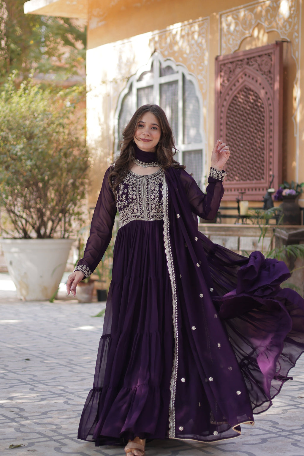 Anika Pearl Embroidered Flair Wine Anarkali Gown Set