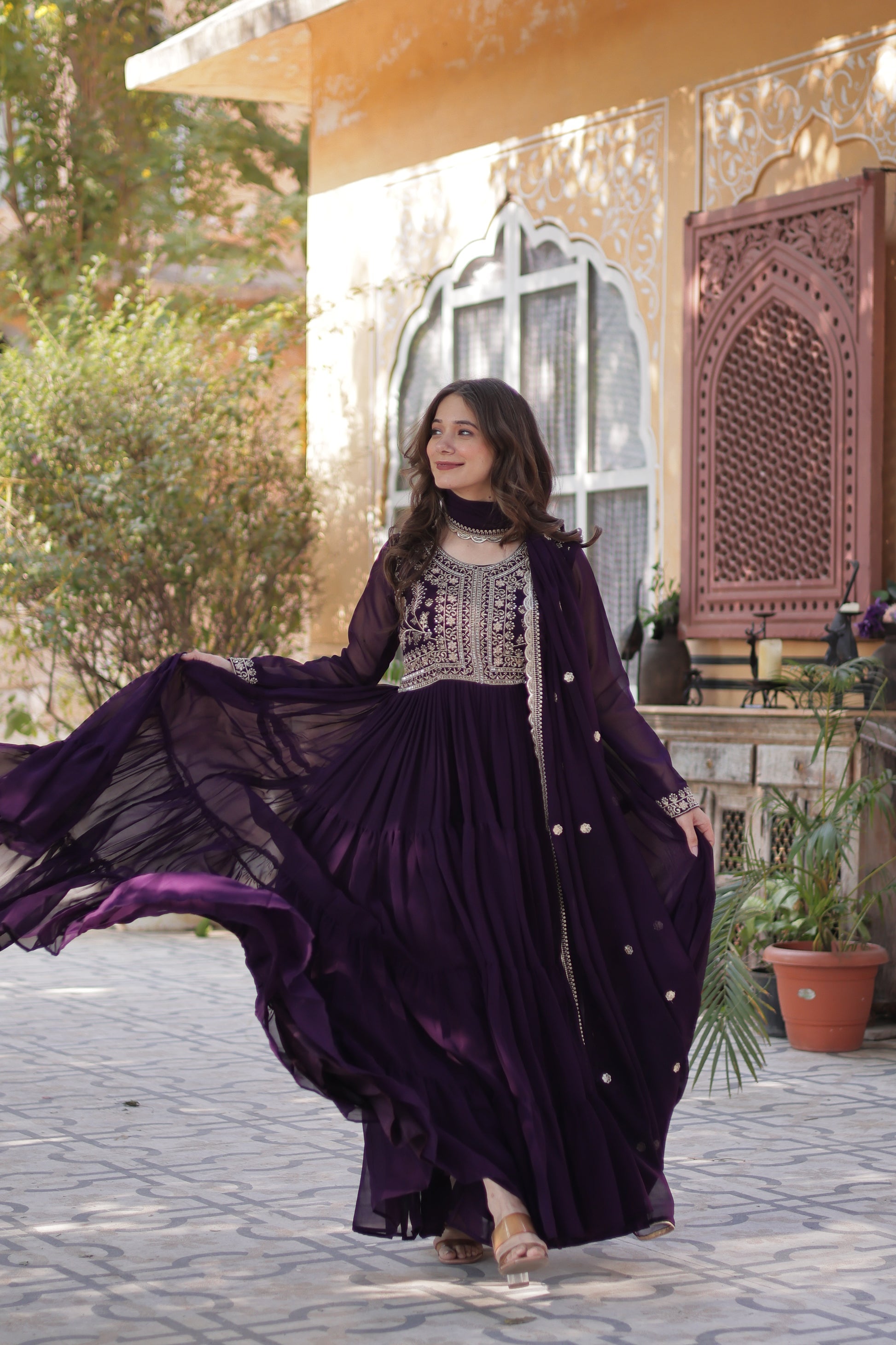 Anika Pearl Embroidered Flair Wine Anarkali Gown Set