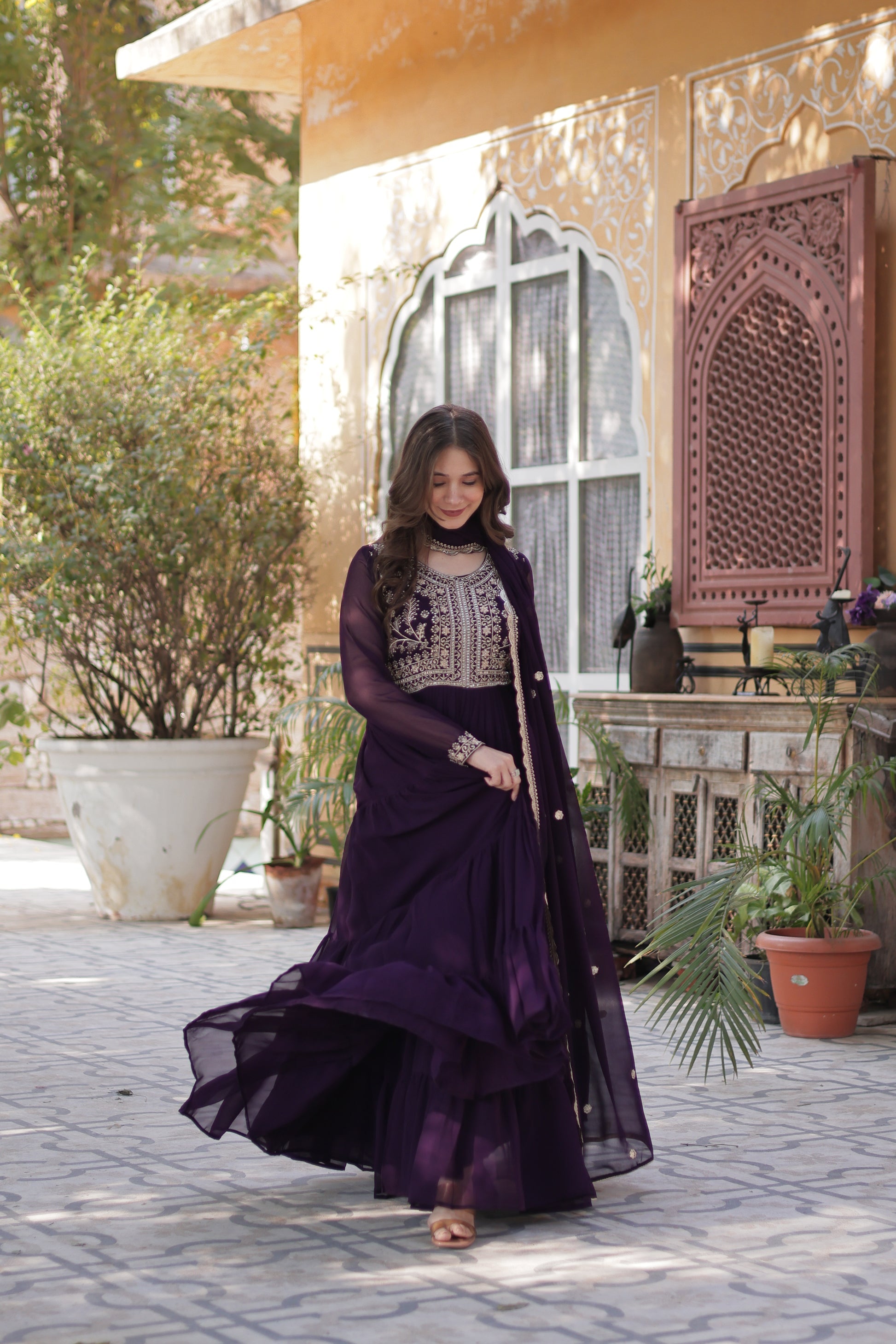 Anika Pearl Embroidered Flair Wine Anarkali Gown Set