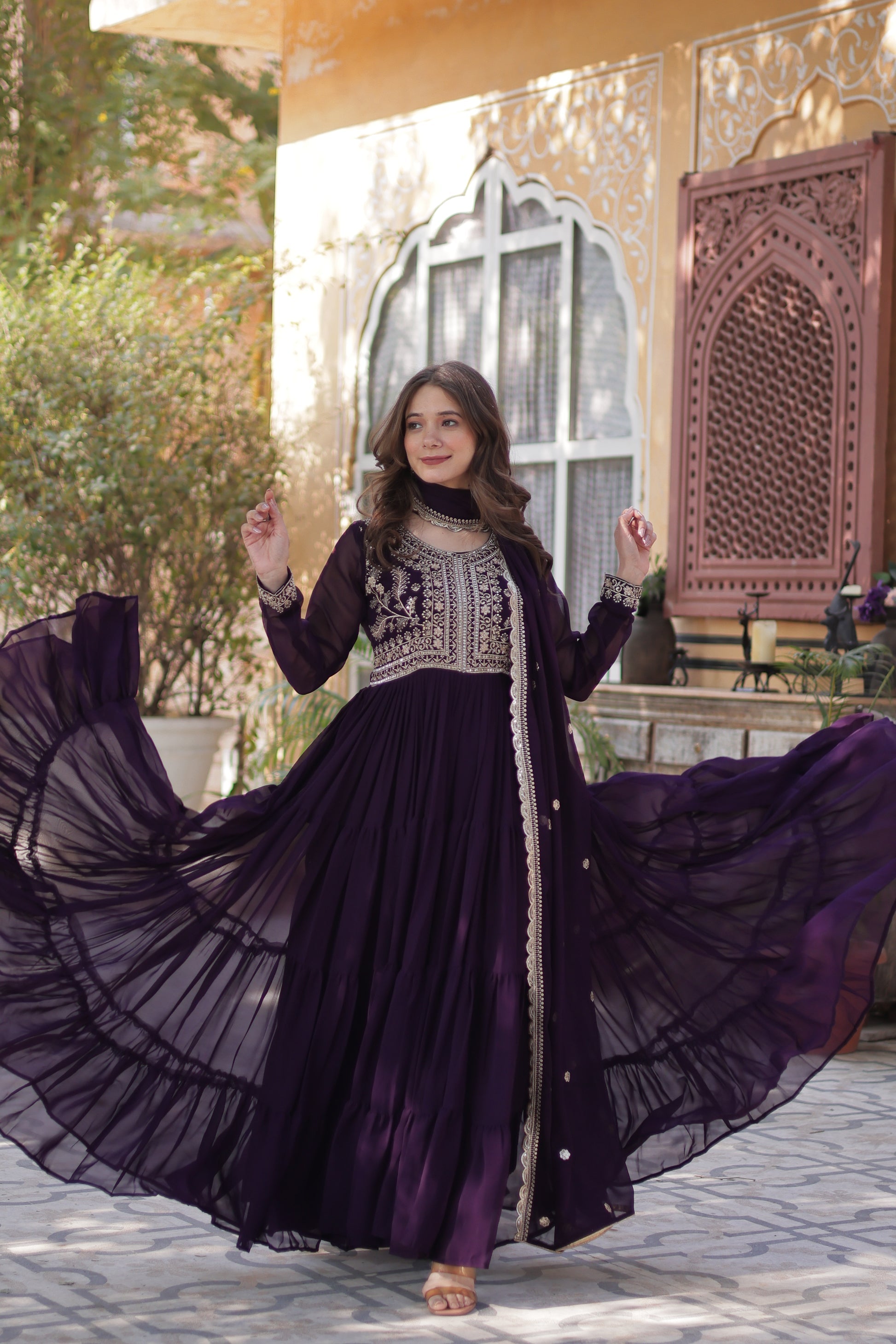 Anika Pearl Embroidered Flair Wine Anarkali Gown Set