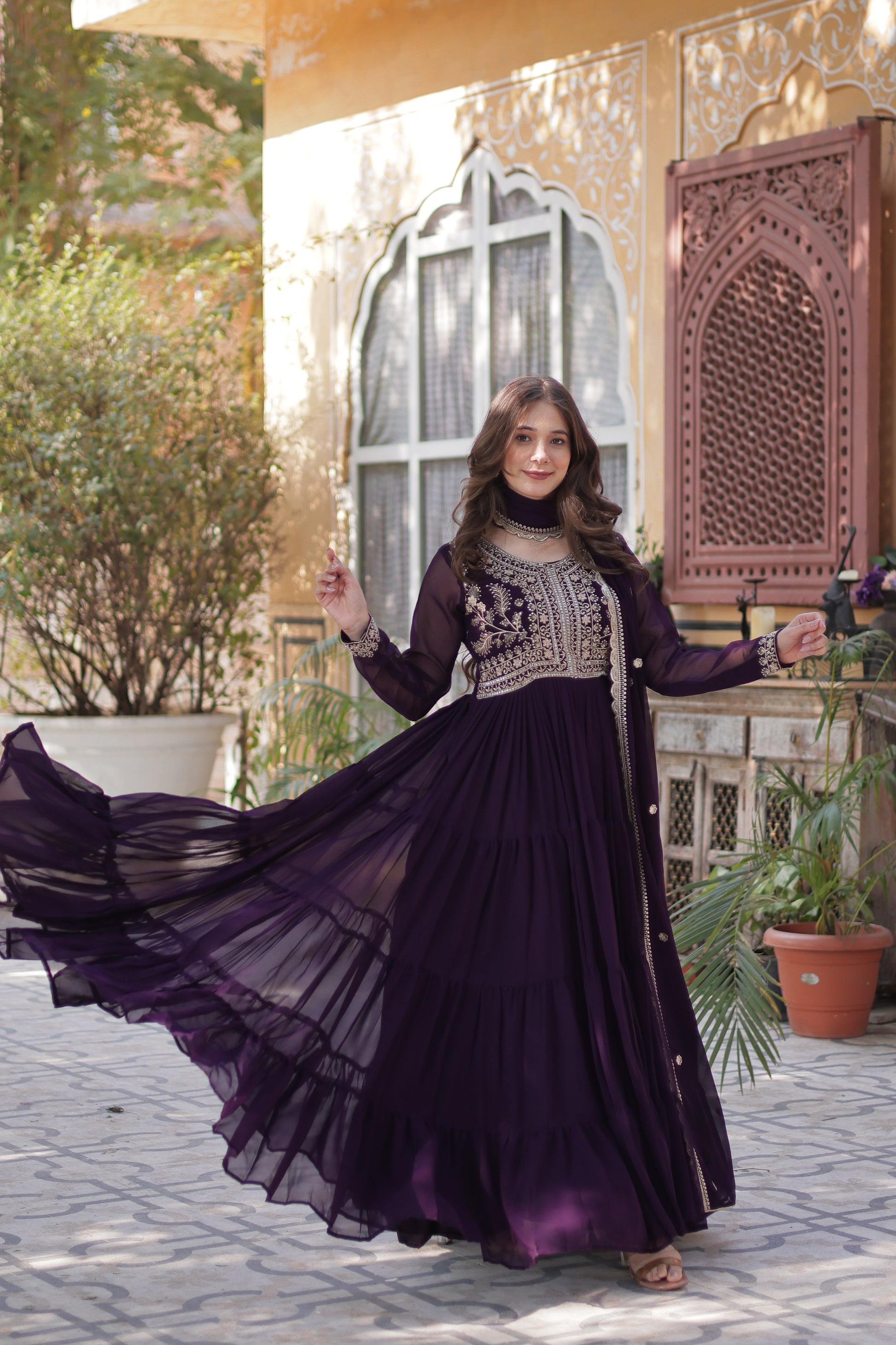 Anika Pearl Embroidered Flair Wine Anarkali Gown Set