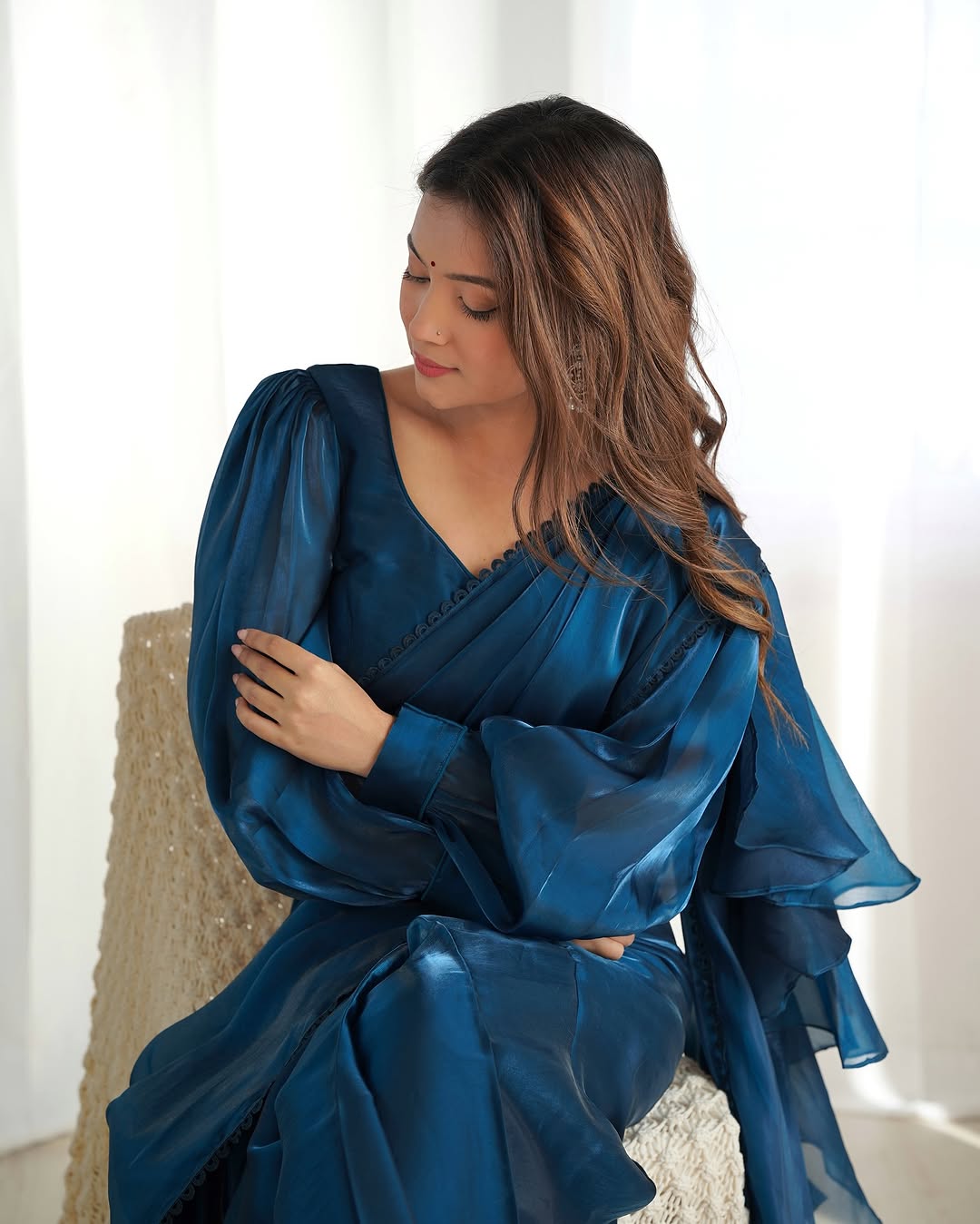 Anushree Blue Ready-To-Wear Jimmy Choo Organza Ruffle Drapped Saree