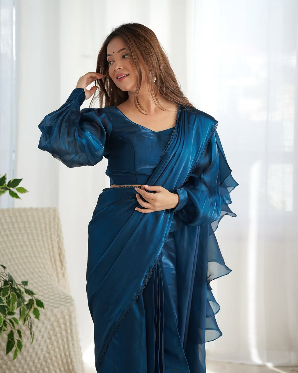 Anushree Blue Ready-To-Wear Jimmy Choo Organza Ruffle Drapped Saree