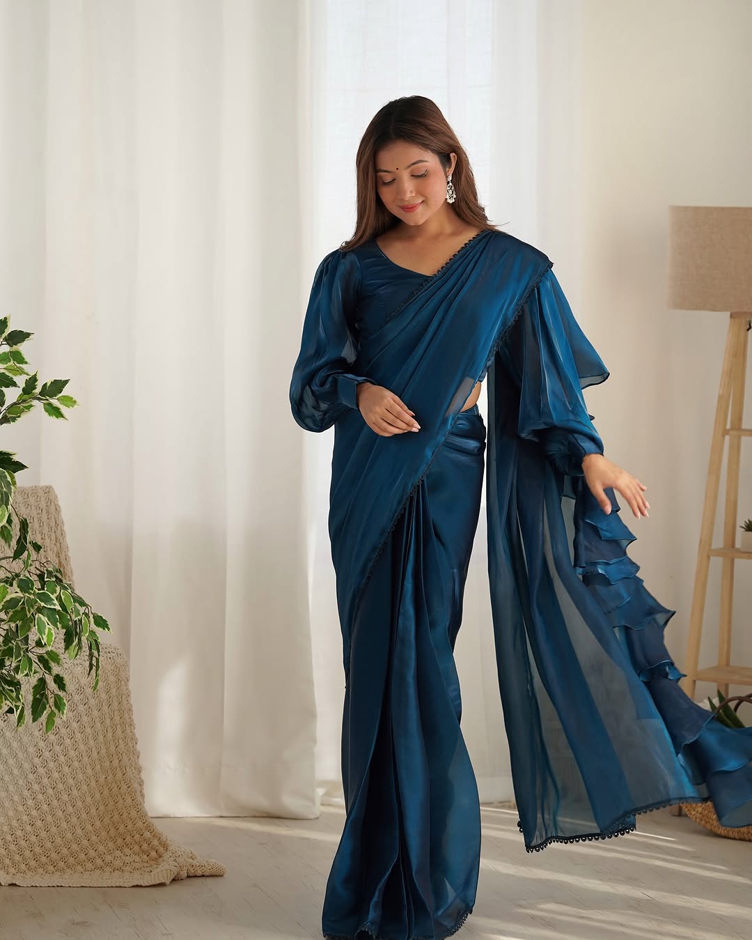 Anushree Blue Ready-To-Wear Jimmy Choo Organza Ruffle Drapped Saree