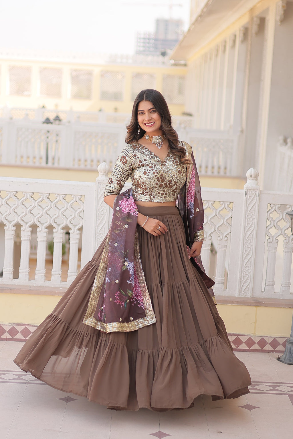 Arika Beige Georgette Embroidered Lehenga Set