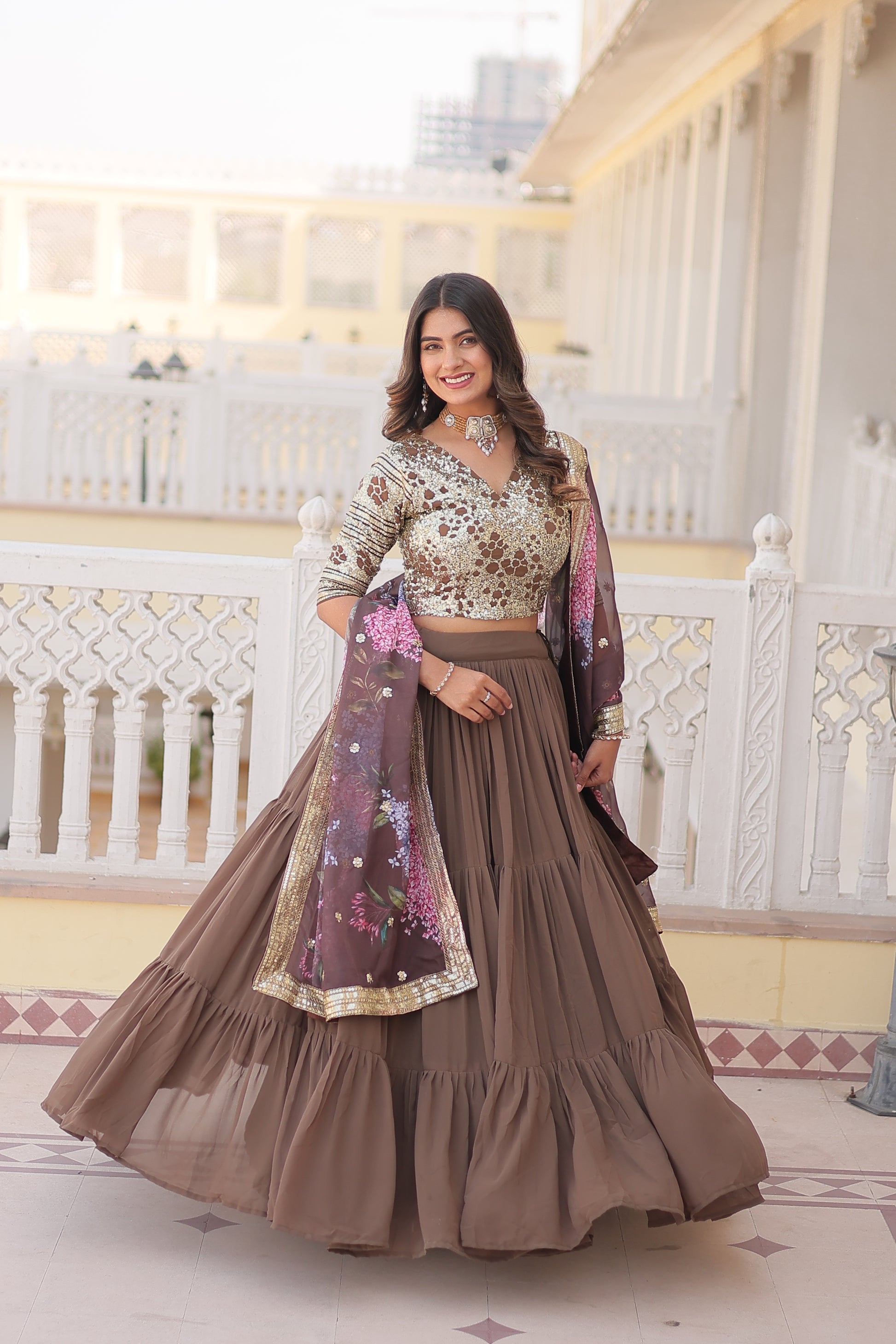 Arika Beige Georgette Embroidered Lehenga Set