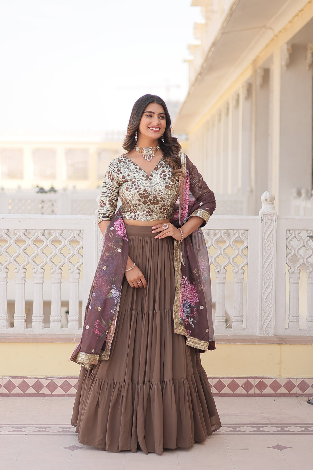 Arika Beige Georgette Embroidered Lehenga Set