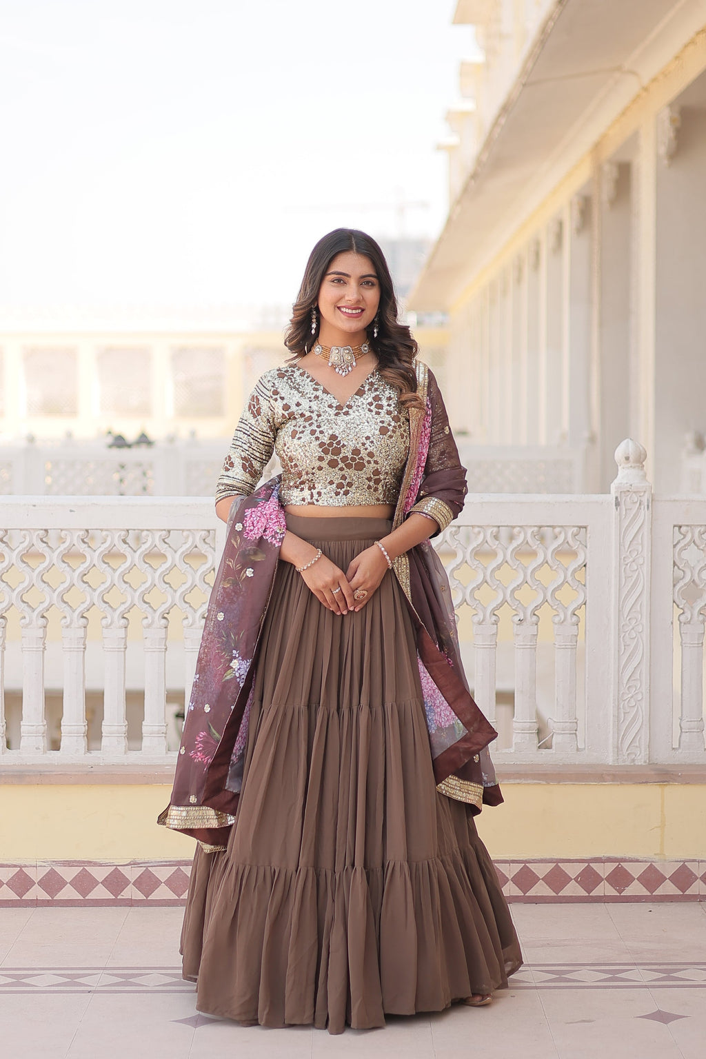 Arika Beige Georgette Embroidered Lehenga Set