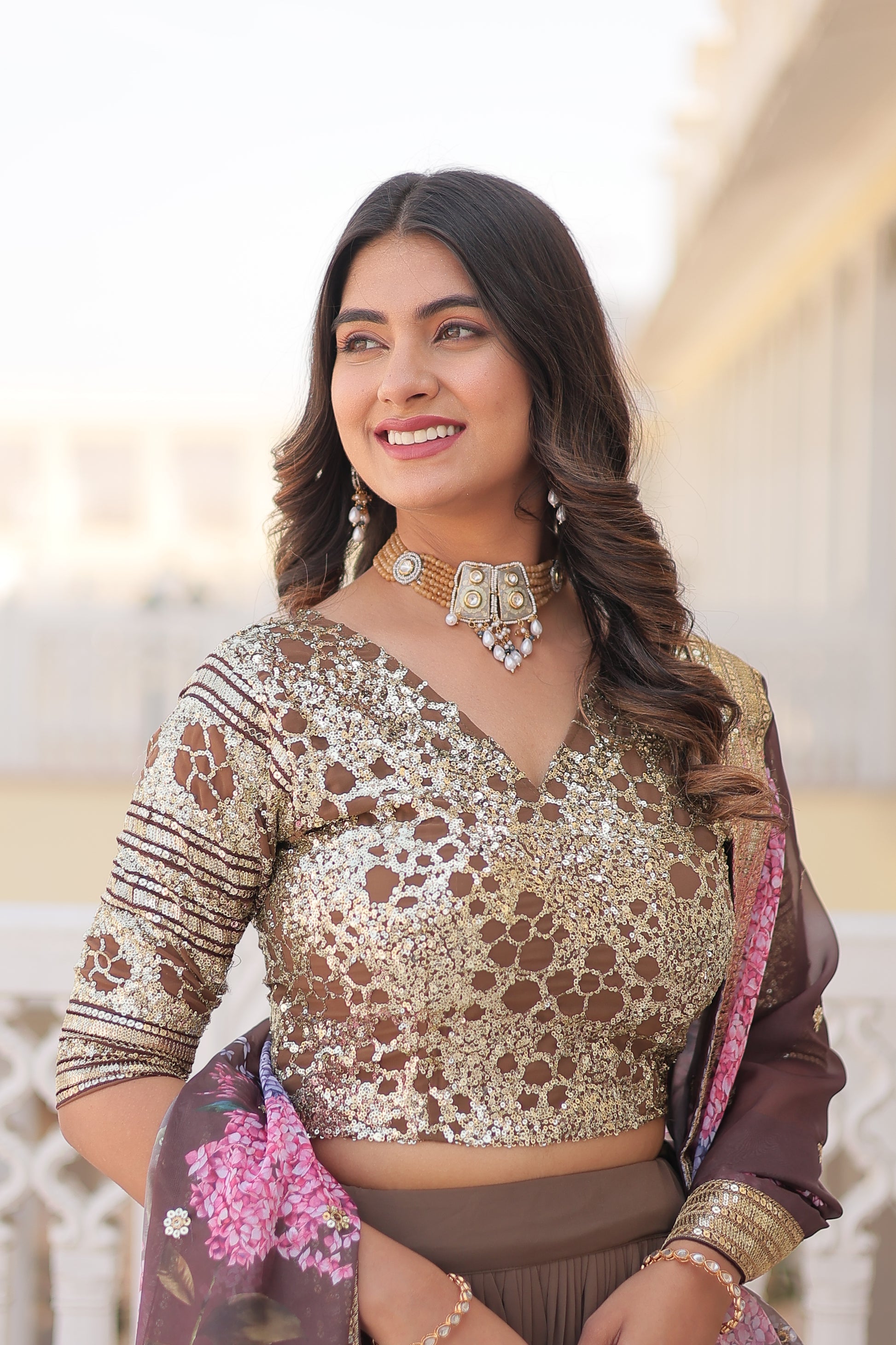 Arika Beige Georgette Embroidered Lehenga Set