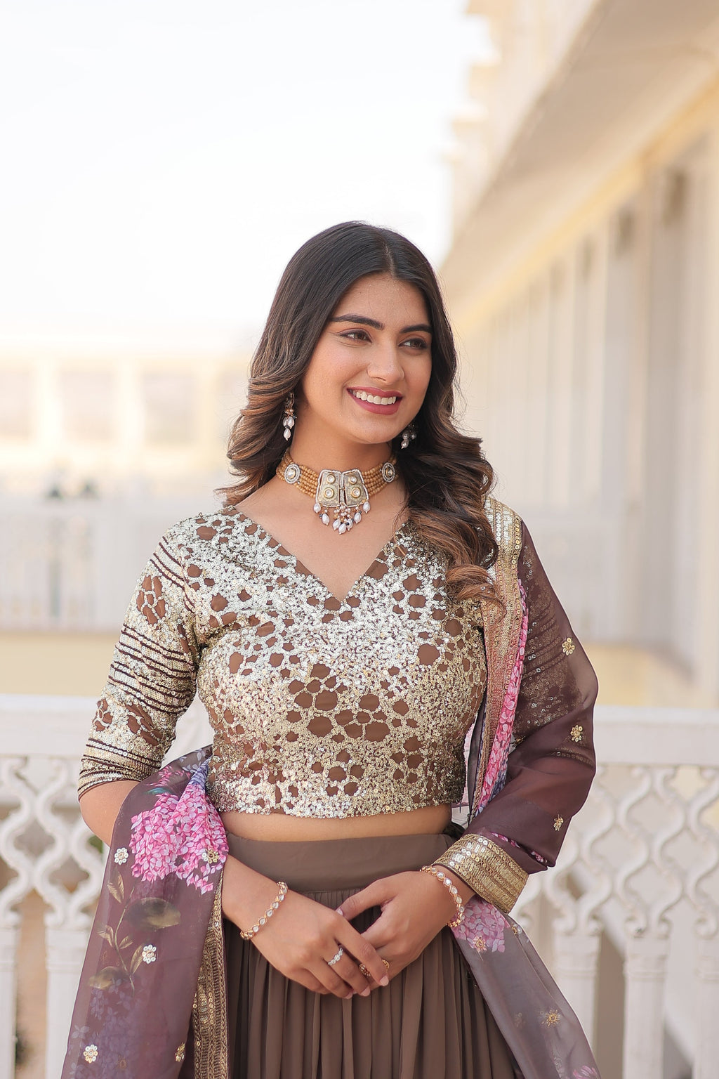 Arika Beige Georgette Embroidered Lehenga Set