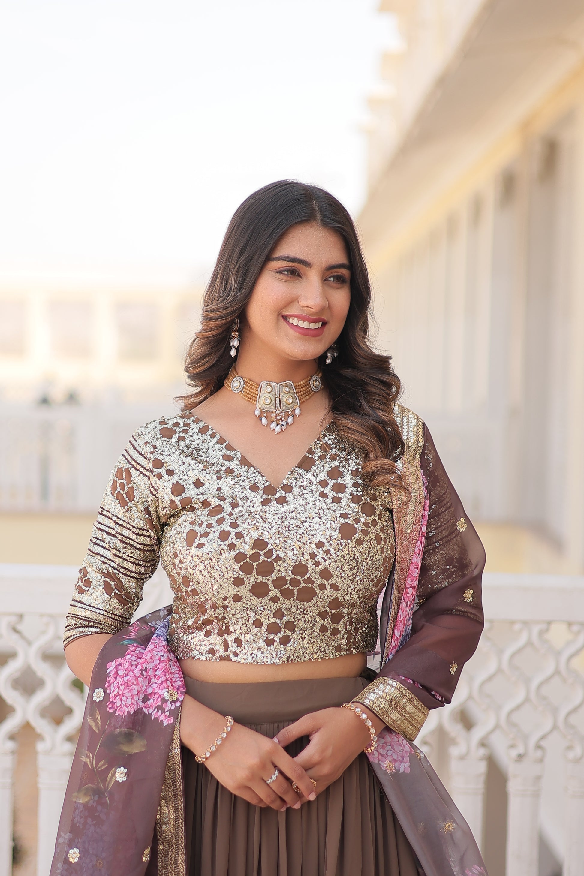 Arika Beige Georgette Embroidered Lehenga Set