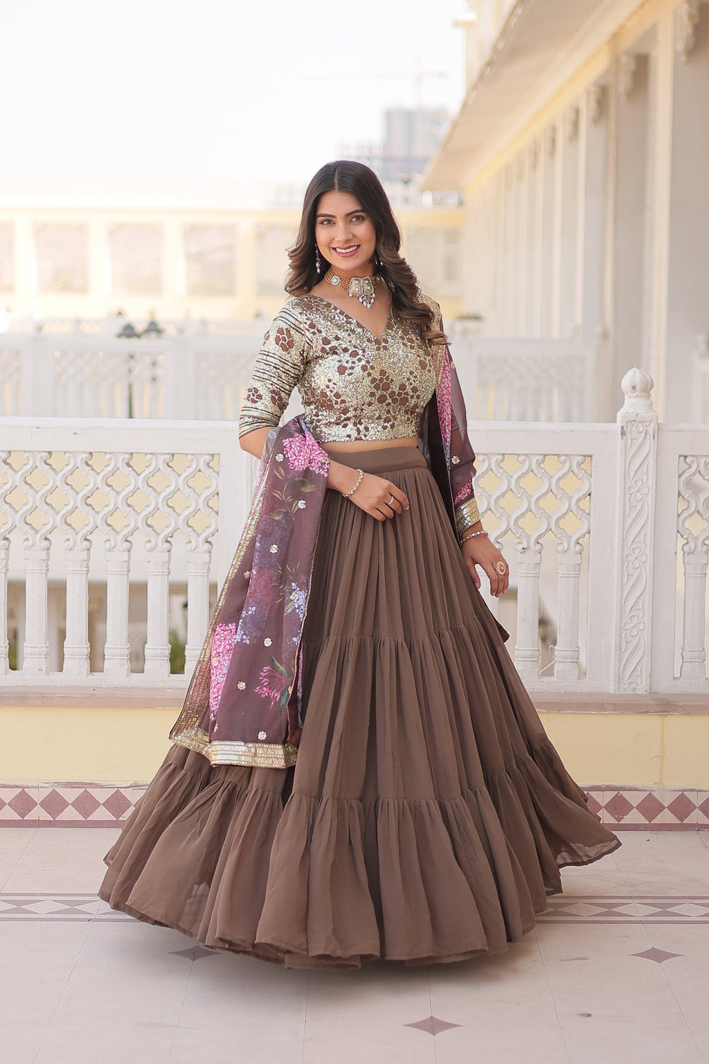 Arika Beige Georgette Embroidered Lehenga Set