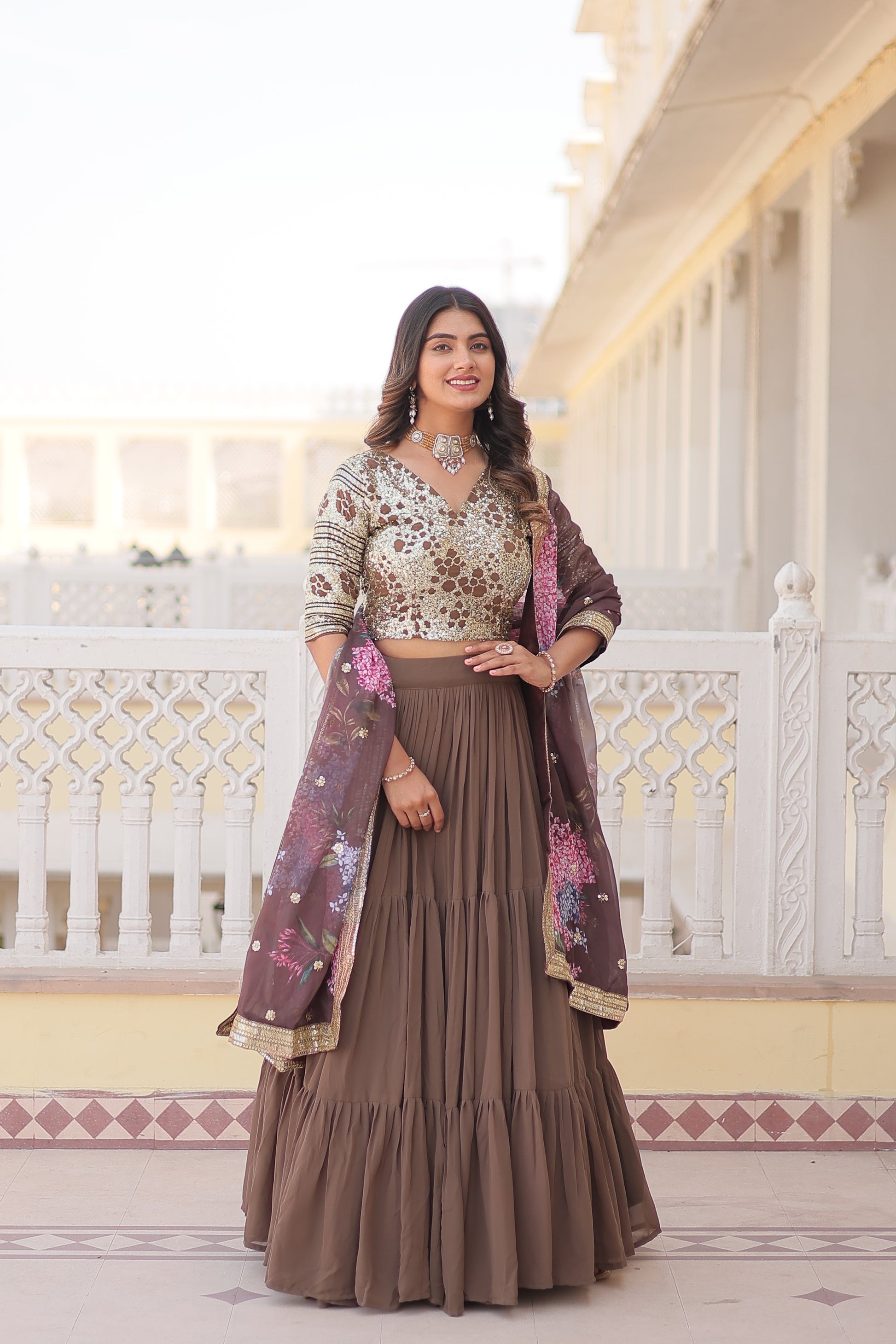 Arika Beige Georgette Embroidered Lehenga Set
