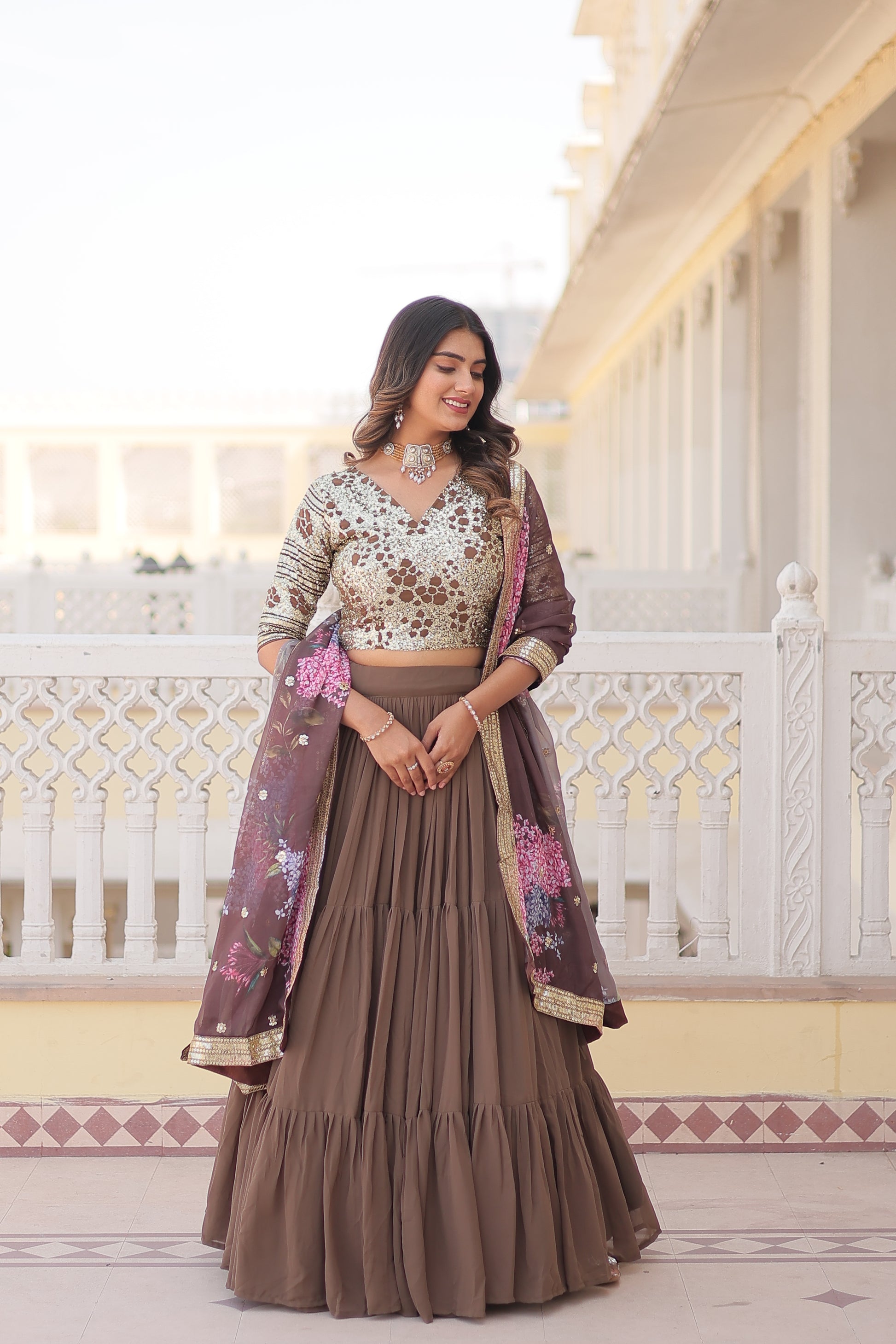 Arika Beige Georgette Embroidered Lehenga Set