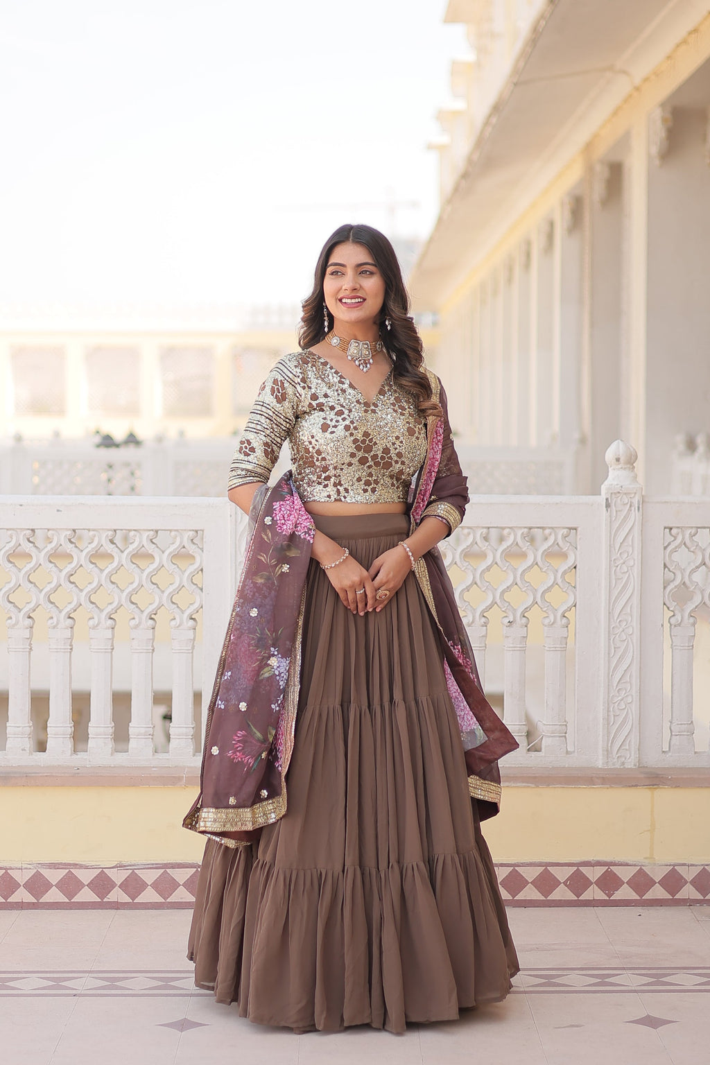 Arika Beige Georgette Embroidered Lehenga Set