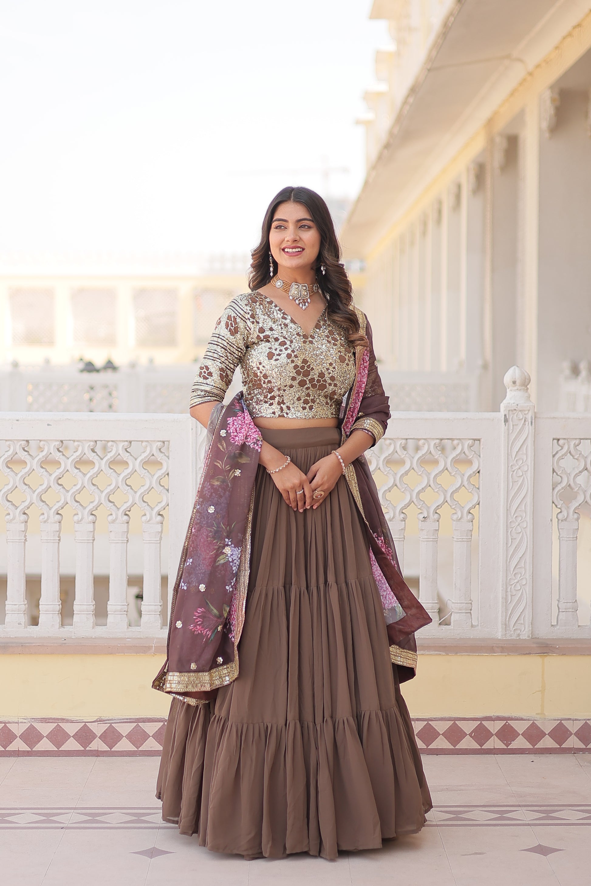 Arika Beige Georgette Embroidered Lehenga Set