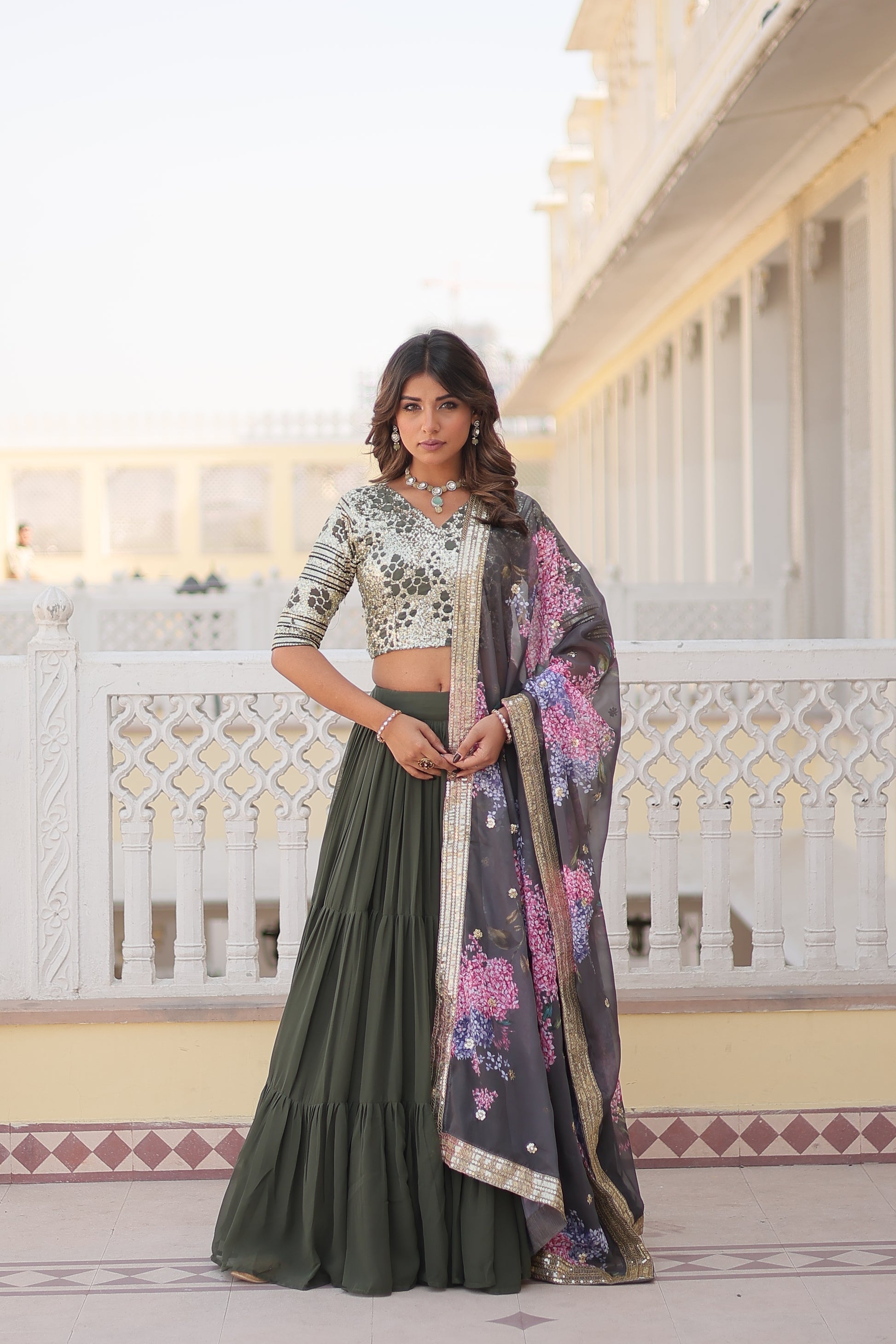 Arika Green Georgette Embroidered Lehenga Set
