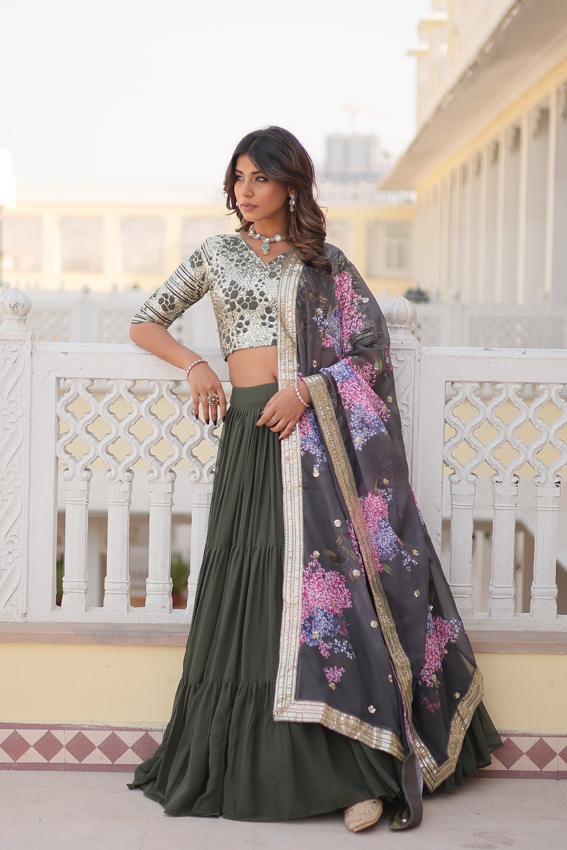 Arika Green Georgette Embroidered Lehenga Set