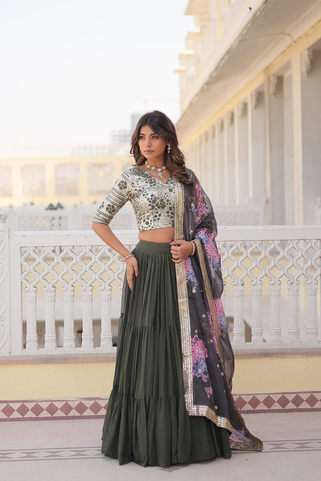 Arika Green Georgette Embroidered Lehenga Set