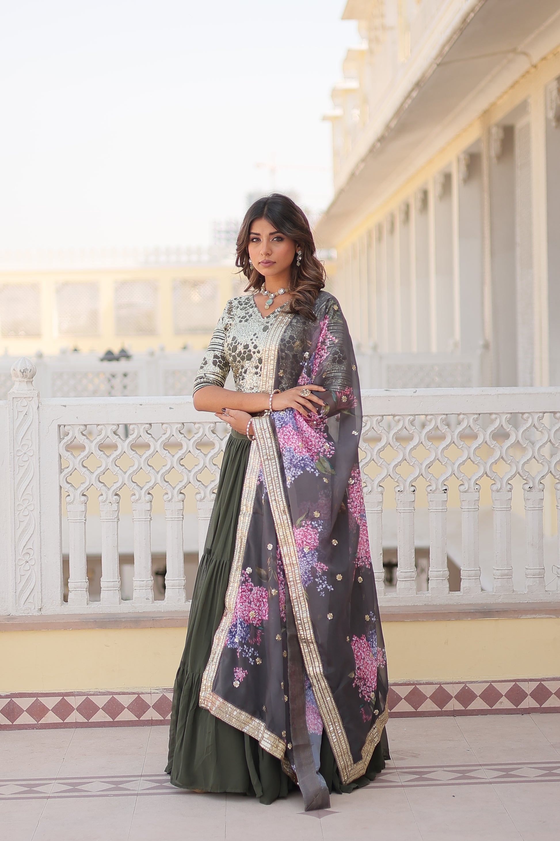 Arika Green Georgette Embroidered Lehenga Set