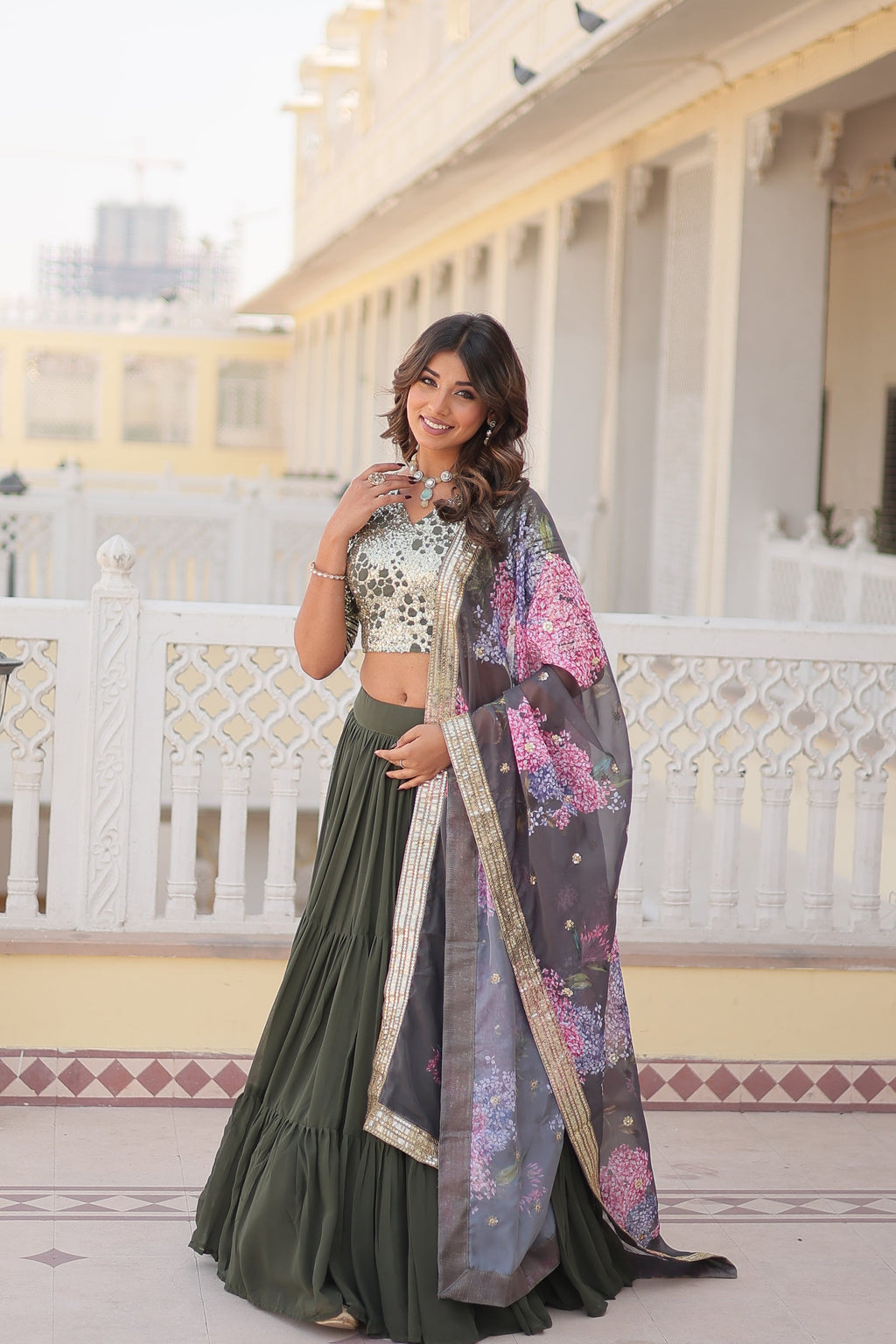 Arika Green Georgette Embroidered Lehenga Set