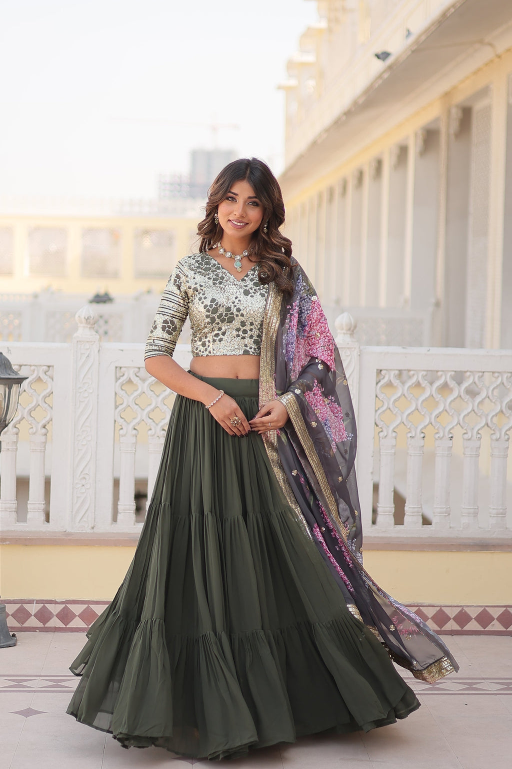 Arika Green Georgette Embroidered Lehenga Set