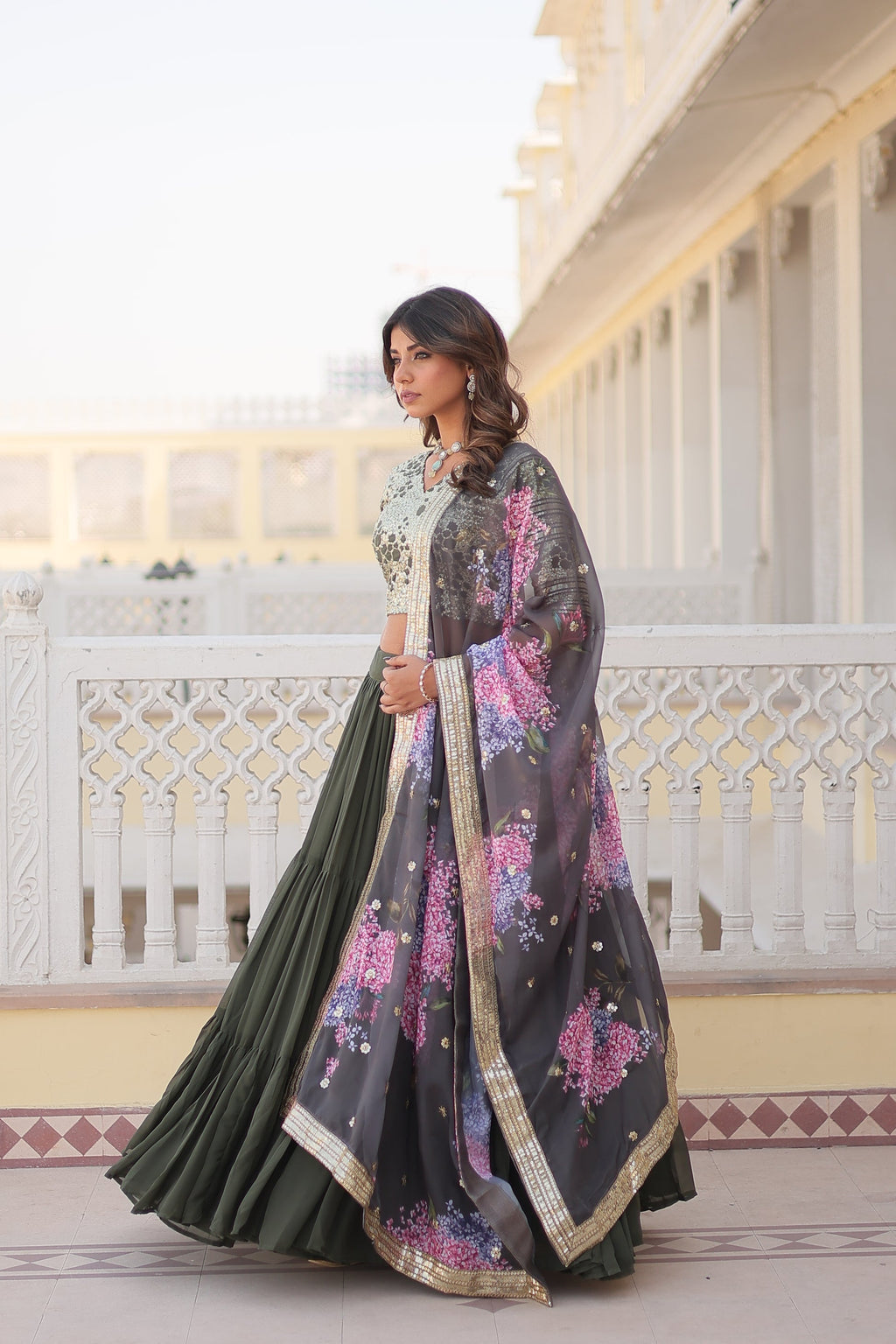 Arika Green Georgette Embroidered Lehenga Set