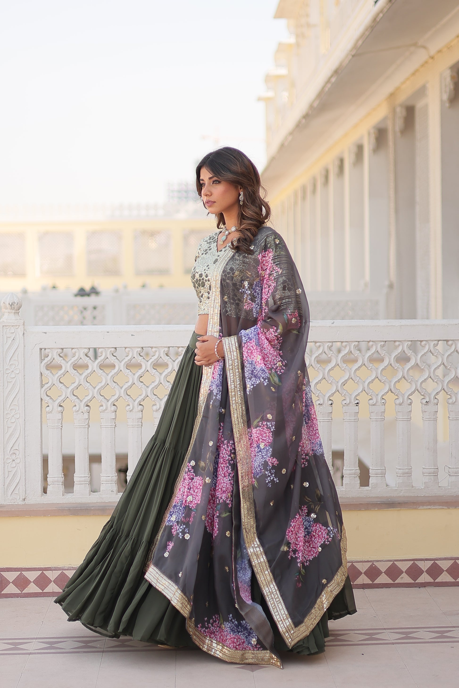 Arika Green Georgette Embroidered Lehenga Set