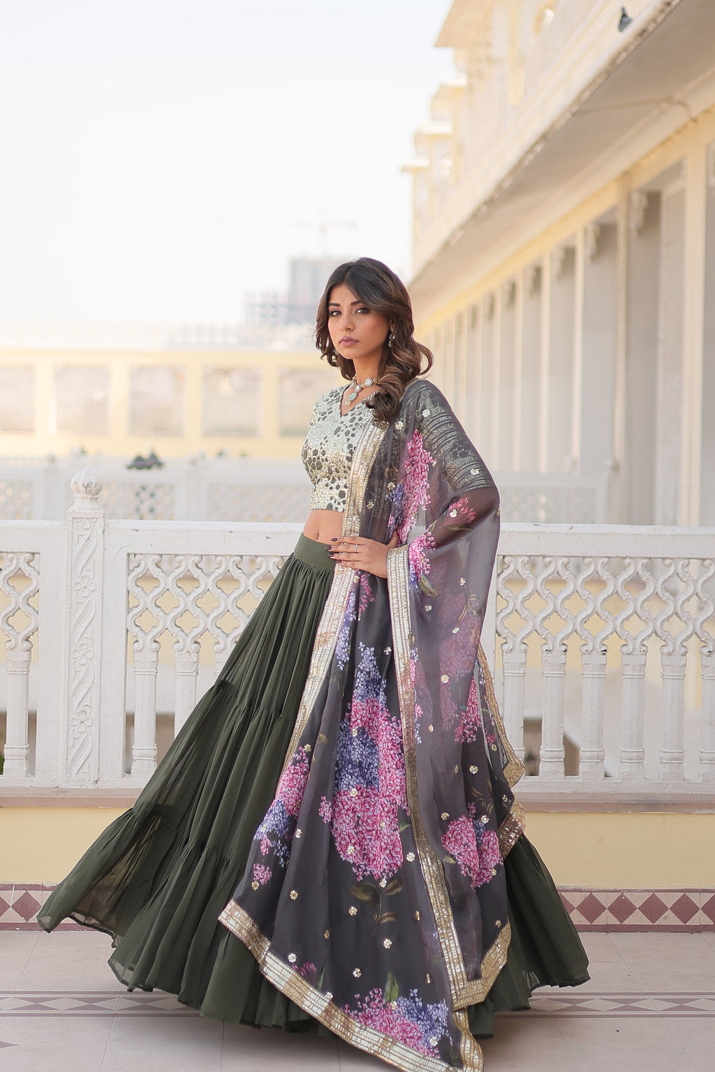 Arika Green Georgette Embroidered Lehenga Set