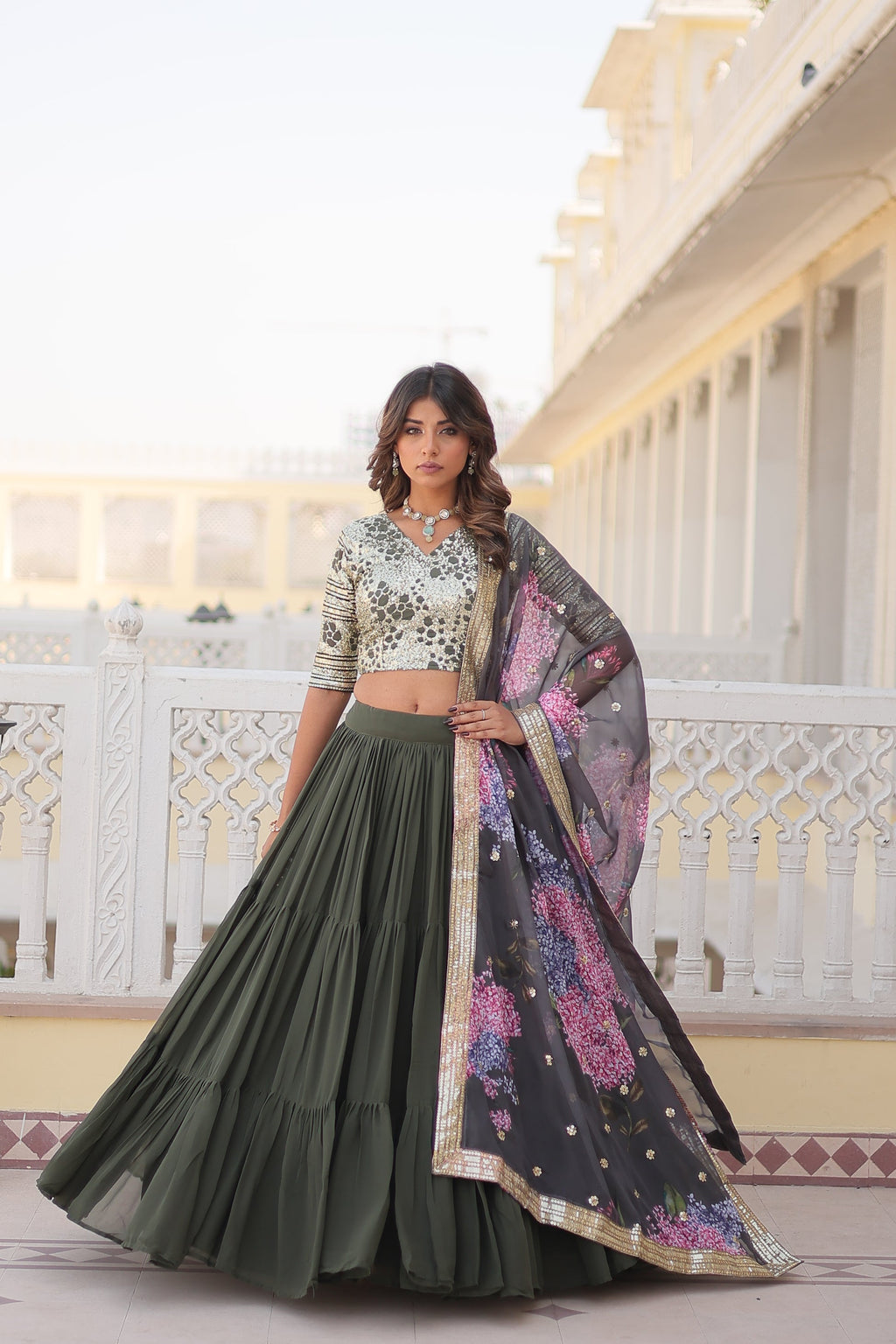 Arika Green Georgette Embroidered Lehenga Set