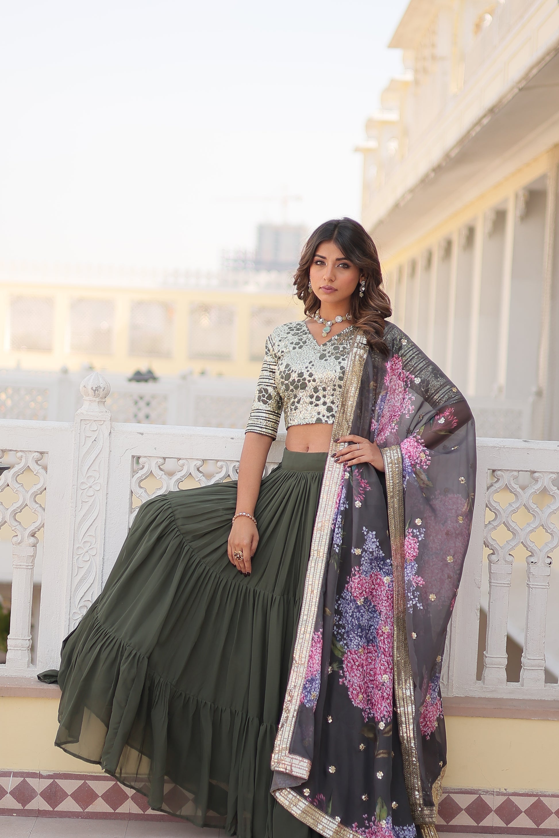 Arika Green Georgette Embroidered Lehenga Set