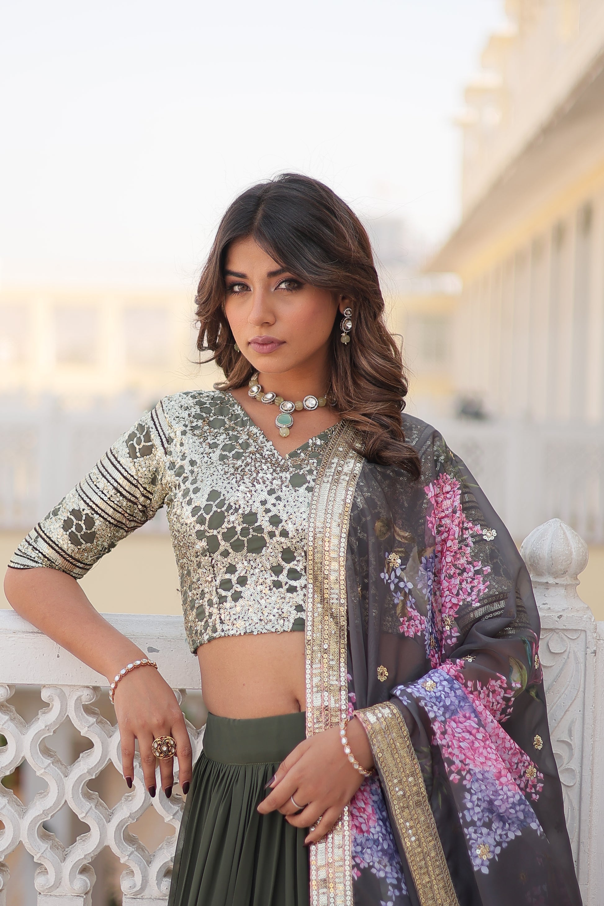 Arika Green Georgette Embroidered Lehenga Set