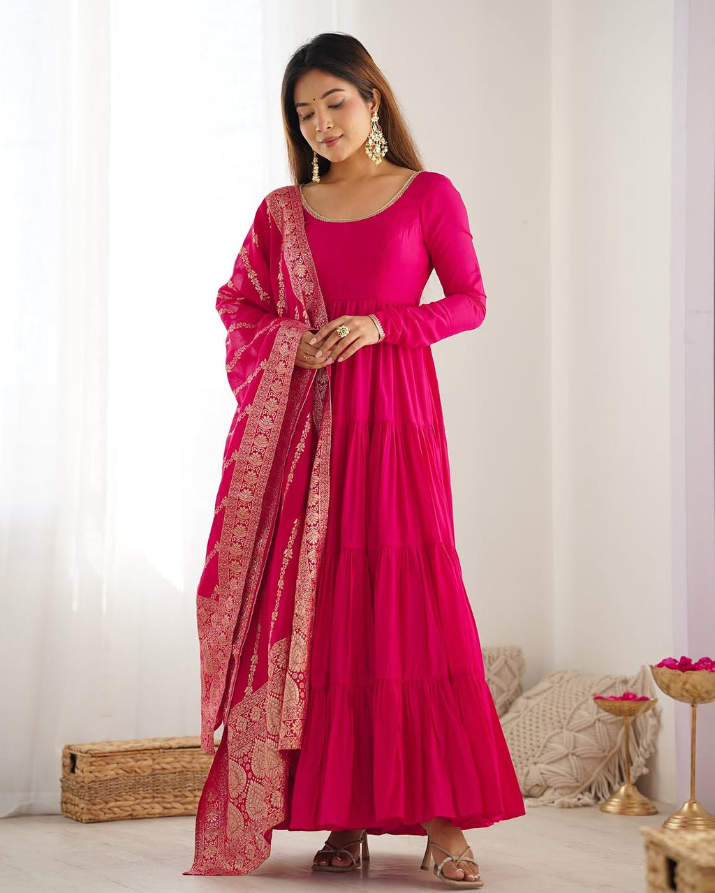 Ashika Pink Roman Silk Flared Anarkali Gown Set