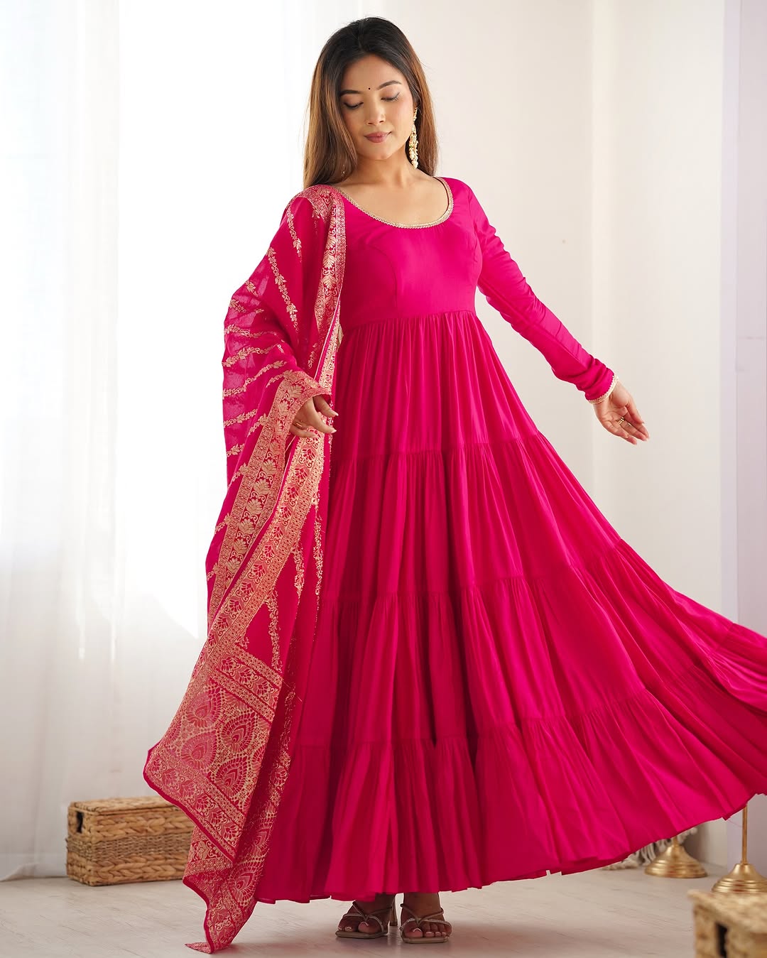 Ashika Pink Roman Silk Flared Anarkali Gown Set