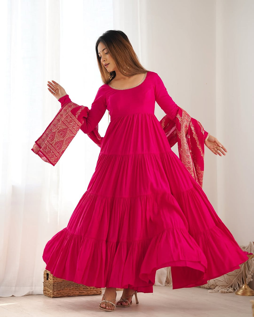 Ashika Pink Roman Silk Flared Anarkali Gown Set