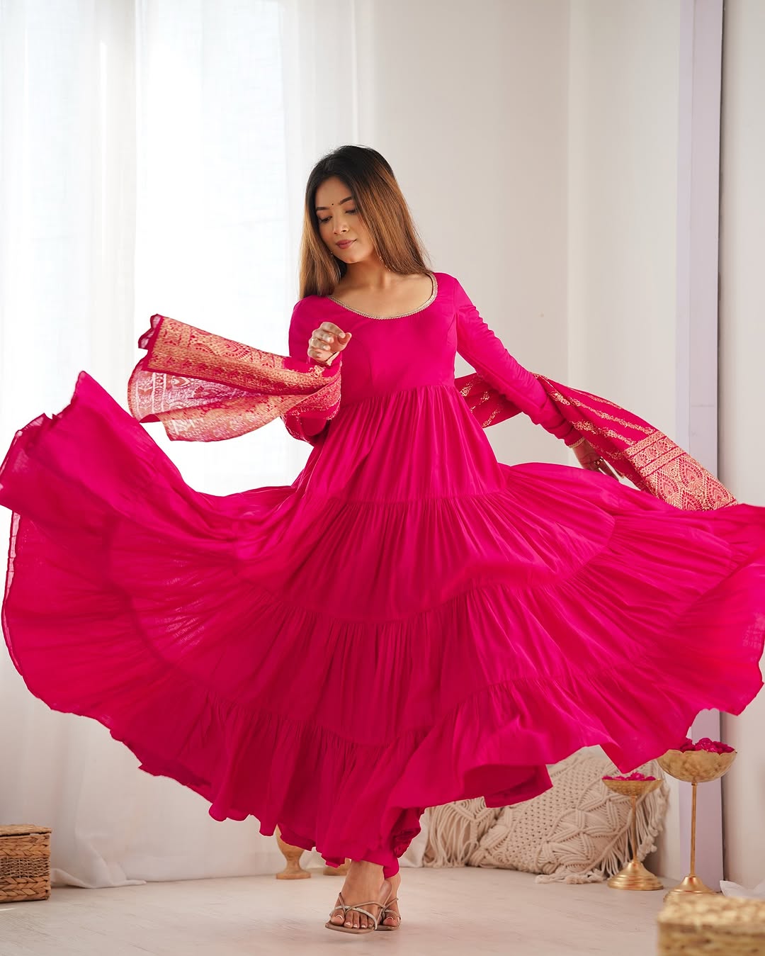 Ashika Pink Roman Silk Flared Anarkali Gown Set