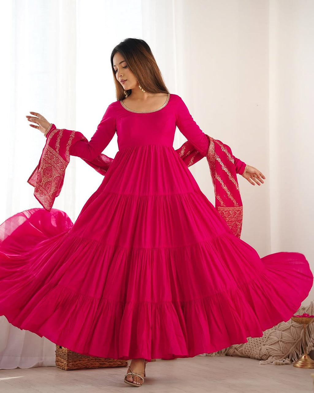 Ashika Pink Roman Silk Flared Anarkali Gown Set