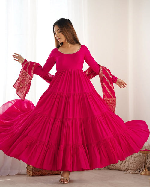 Pink Roman silk flared Ashika designer Anarkali gown