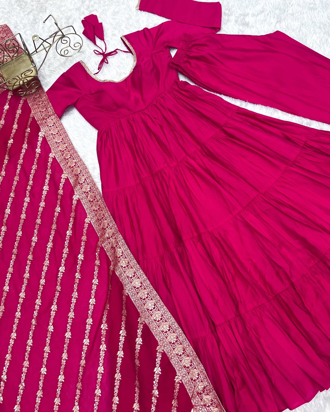 Ashika Pink Roman Silk Flared Anarkali Gown Set