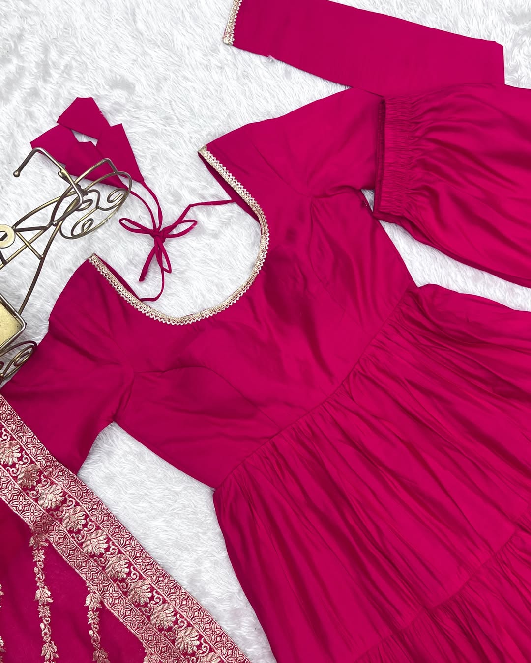 Ashika Pink Roman Silk Flared Anarkali Gown Set