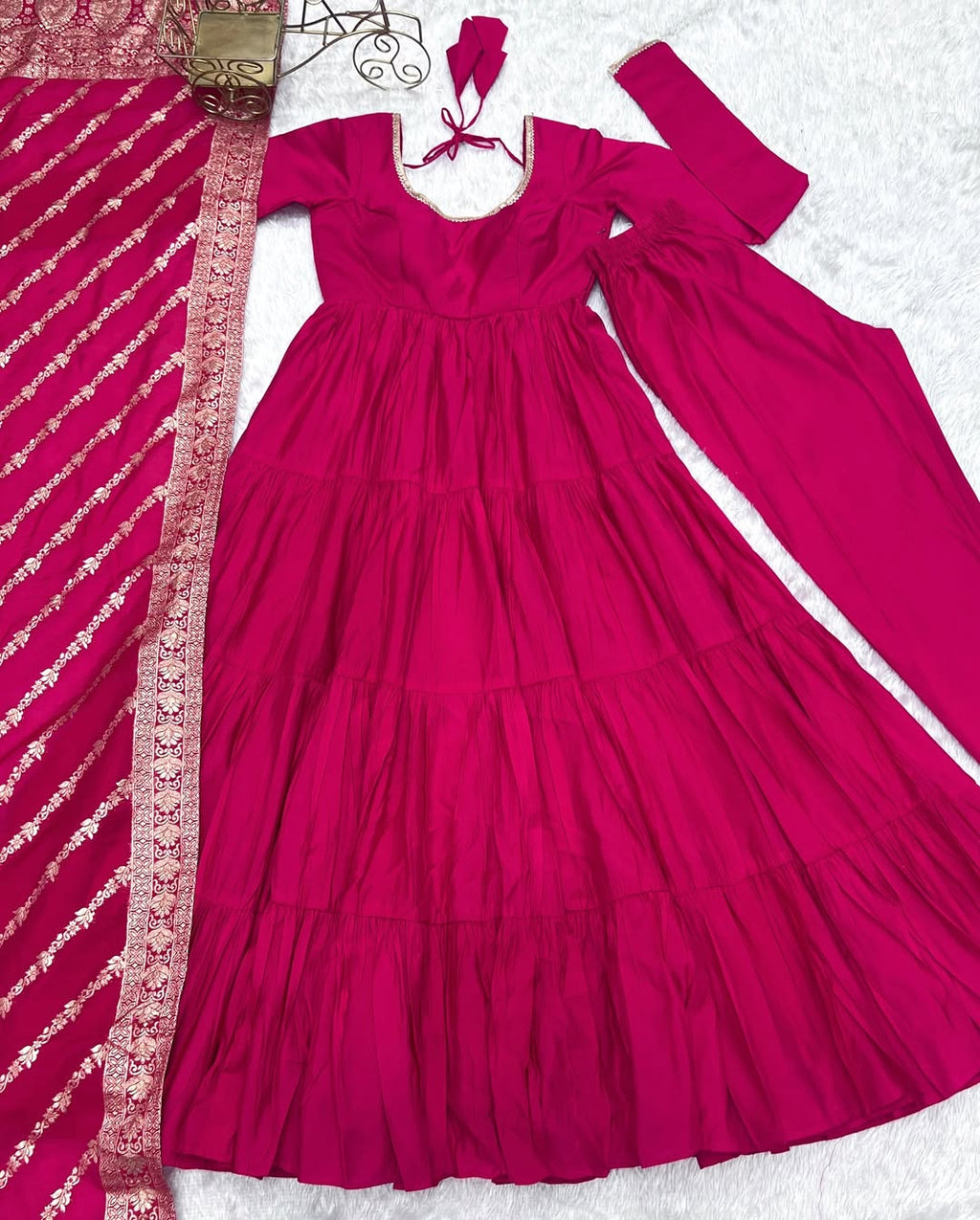 Ashika Pink Roman Silk Flared Anarkali Gown Set